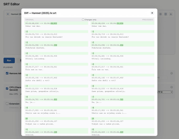 SRT Editor — diff modal